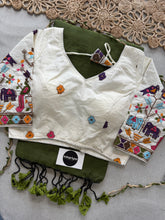 Mehndi Handloom Cotton Saree With Embrodery Work Redy Made Blouse